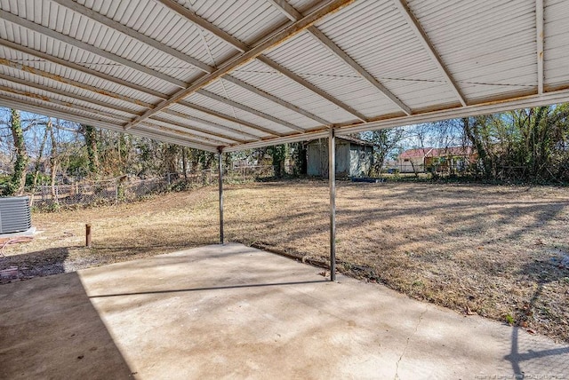 view of patio with central air condition unit and a fenced backyard