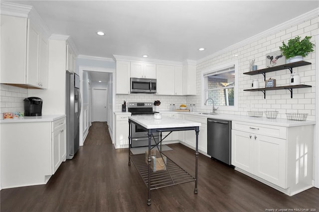 kitchen with stainless steel appliances, white cabinetry, sink, and dark wood-type flooring