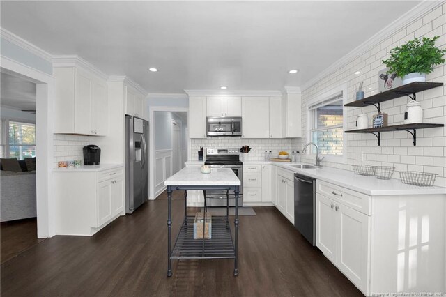 kitchen with stainless steel appliances, dark hardwood / wood-style floors, and white cabinets