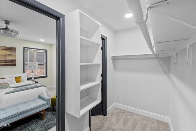 spacious closet featuring light colored carpet