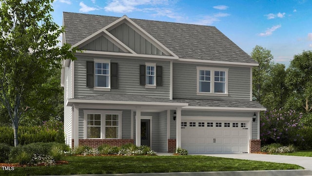 view of front of property with concrete driveway, an attached garage, brick siding, and roof with shingles