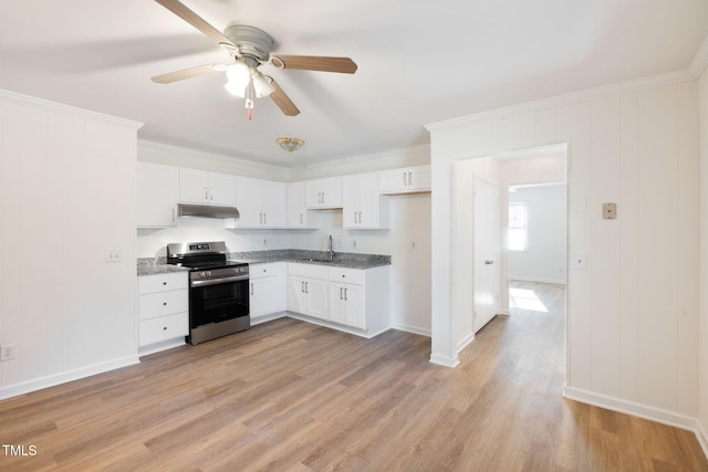 kitchen featuring white cabinetry, stainless steel electric range oven, stone counters, and light hardwood / wood-style flooring