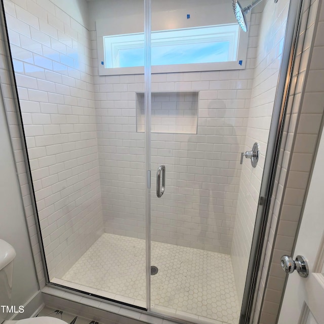 bathroom with a shower stall, toilet, and a wealth of natural light