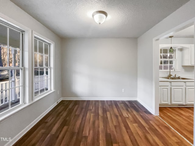 unfurnished dining area featuring dark wood-type flooring, sink, and a textured ceiling