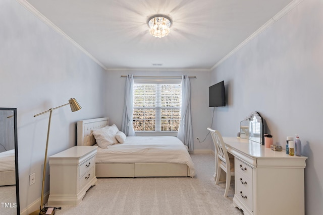 carpeted bedroom with crown molding