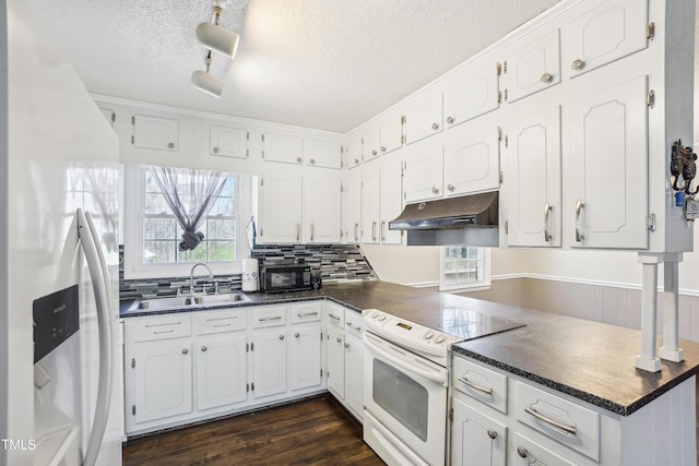 kitchen featuring white appliances, dark countertops, under cabinet range hood, and a sink