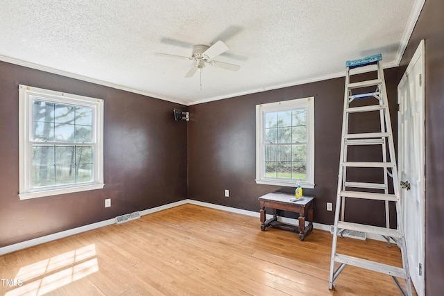unfurnished room featuring a wealth of natural light, light wood-style flooring, and a ceiling fan