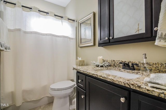 full bath with tile patterned flooring, vanity, toilet, and shower / bathtub combination with curtain