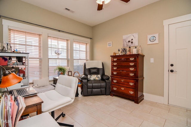 home office featuring baseboards, visible vents, and a ceiling fan