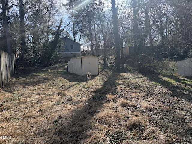 view of yard featuring a storage shed