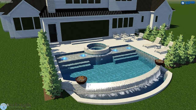 view of pool featuring a fire pit, a patio area, and an in ground hot tub