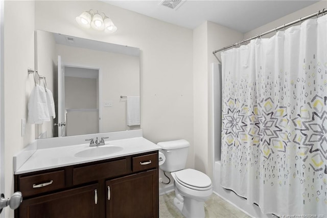 full bathroom featuring vanity, tile patterned flooring, toilet, and shower / bathtub combination with curtain