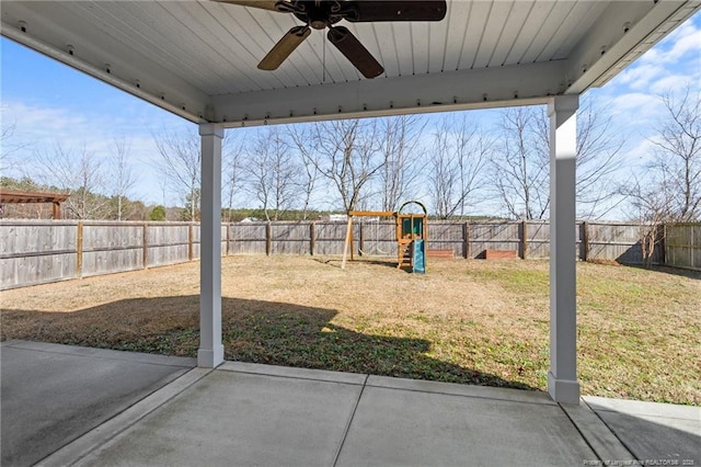 exterior space featuring a patio, a yard, and ceiling fan