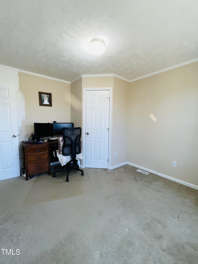 carpeted office featuring crown molding and a textured ceiling