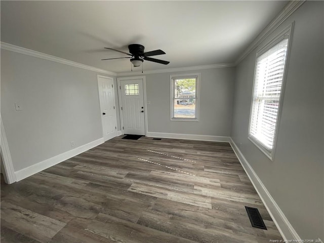 entrance foyer with crown molding, a healthy amount of sunlight, and dark hardwood / wood-style floors