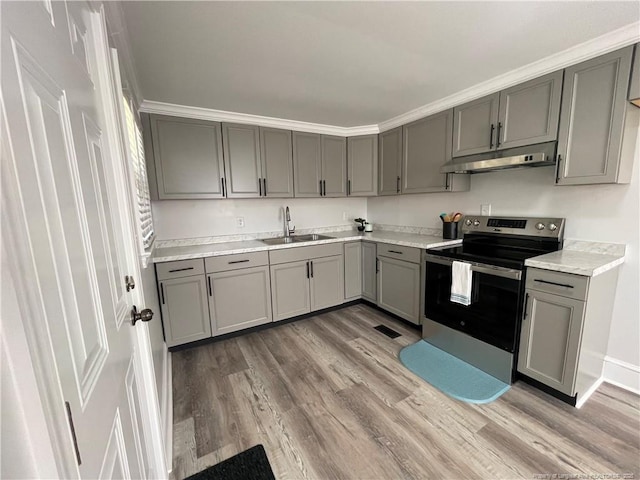 kitchen with electric stove, sink, and gray cabinets