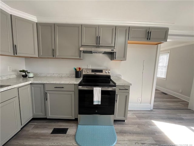 kitchen with electric stove, hardwood / wood-style floors, and gray cabinetry