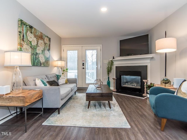 living room featuring french doors and dark hardwood / wood-style flooring