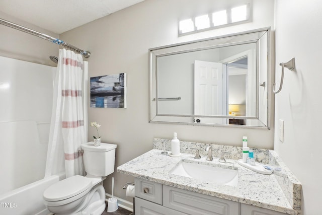 full bathroom with toilet, vanity, and shower / bathtub combination with curtain