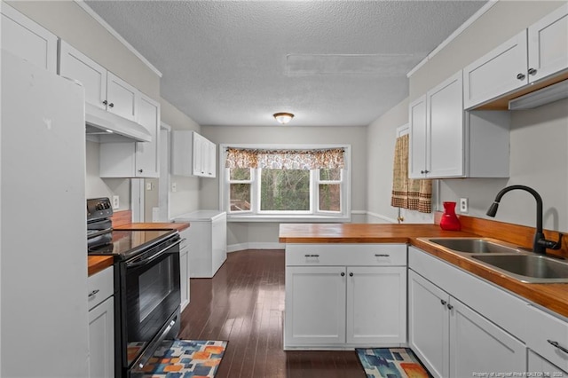 kitchen featuring wood counters, sink, white cabinets, black range with electric cooktop, and dark wood-type flooring