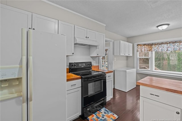 kitchen with white cabinetry, black electric range oven, white refrigerator with ice dispenser, and wooden counters