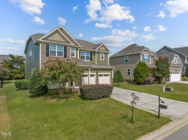 view of front facade featuring a garage, driveway, a front lawn, board and batten siding, and brick siding