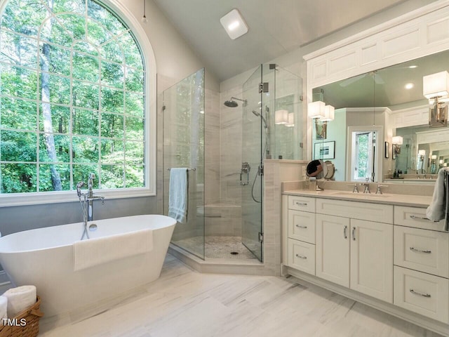 bathroom featuring a healthy amount of sunlight, a stall shower, vanity, and a soaking tub