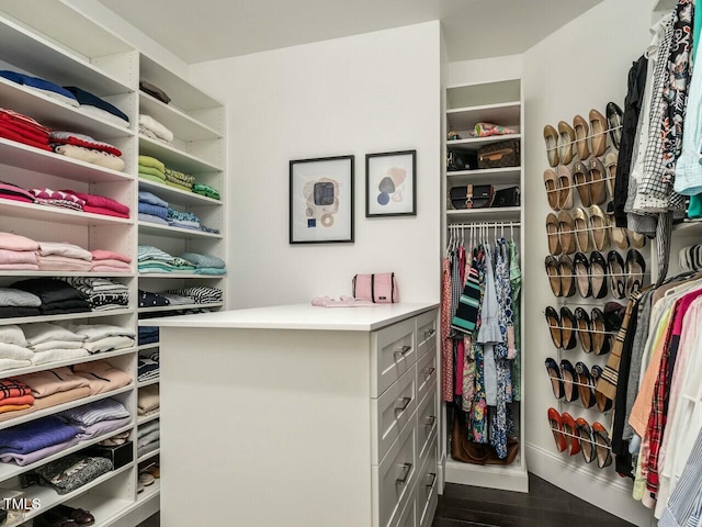 walk in closet featuring dark wood-type flooring