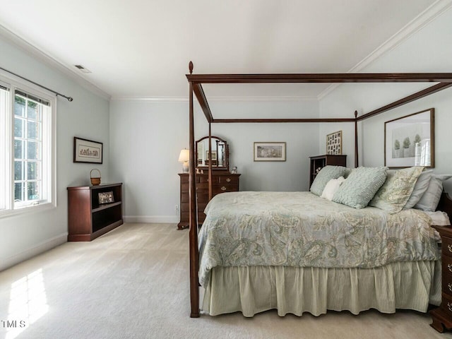 bedroom with light carpet, crown molding, visible vents, and baseboards