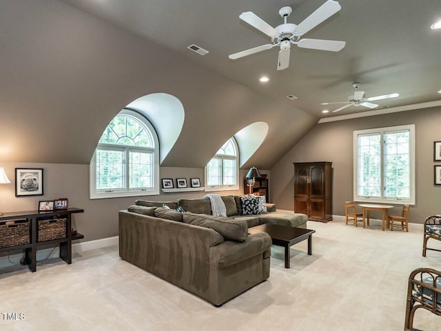 living area featuring lofted ceiling, recessed lighting, light colored carpet, visible vents, and baseboards