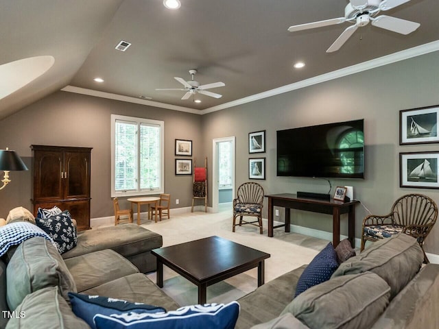 living room featuring ornamental molding, carpet flooring, visible vents, and baseboards