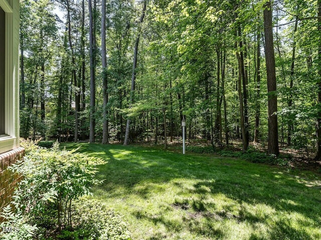 view of yard with a forest view