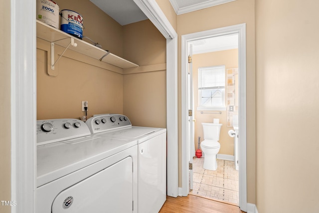 laundry area with crown molding, light wood-type flooring, and washer and clothes dryer