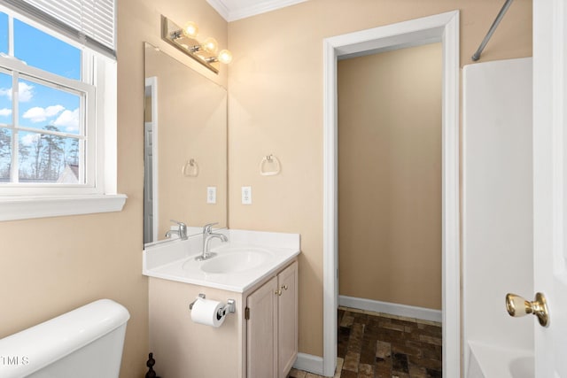 full bathroom featuring crown molding, vanity, toilet, and shower / bath combination