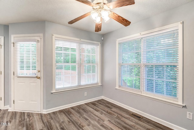 interior space with ceiling fan, a wealth of natural light, wood-type flooring, and a textured ceiling