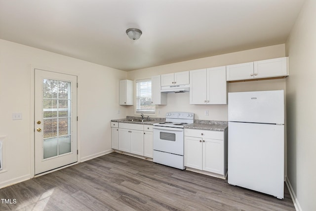 kitchen featuring white cabinetry, wood-type flooring, sink, and white appliances