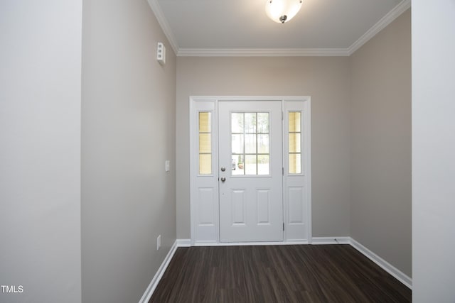 interior space featuring dark wood-style flooring, crown molding, and baseboards