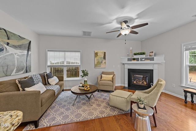 living room with ceiling fan and wood-type flooring