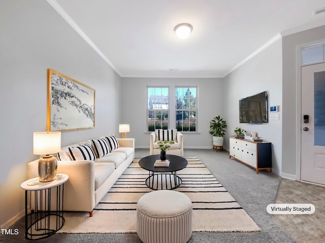 carpeted living room with ornamental molding