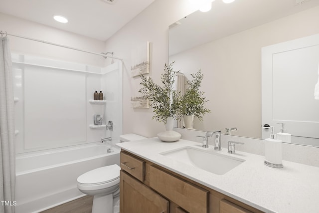 full bathroom featuring vanity, shower / bathtub combination, and toilet