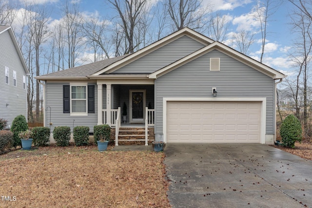 ranch-style house featuring a shingled roof, covered porch, an attached garage, and concrete driveway