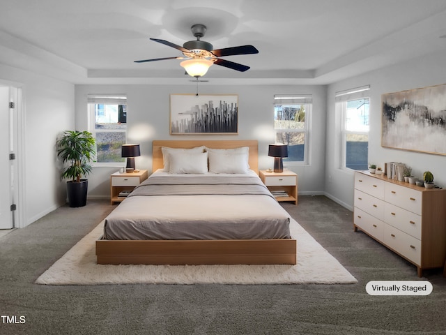 bedroom featuring multiple windows, dark carpet, and a tray ceiling