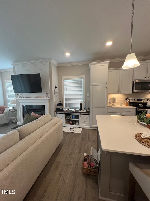 kitchen with white cabinetry, decorative light fixtures, stainless steel appliances, and crown molding