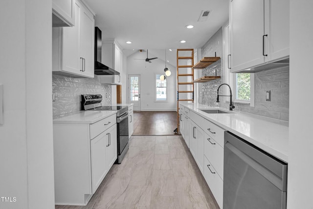 kitchen with white cabinetry, wall chimney range hood, stainless steel appliances, and sink