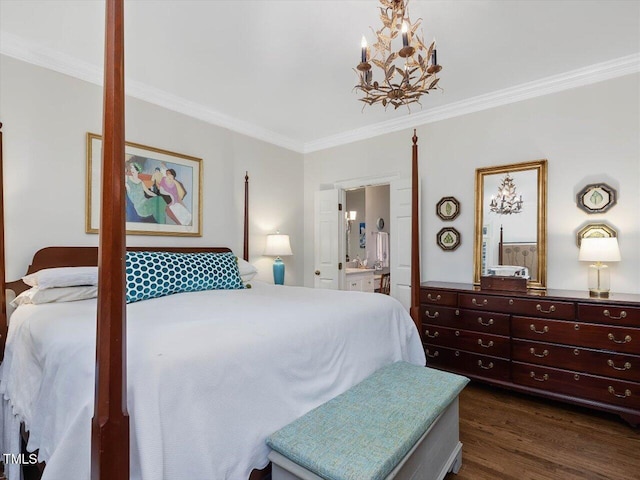 bedroom featuring an inviting chandelier, ornamental molding, dark hardwood / wood-style flooring, and ensuite bathroom