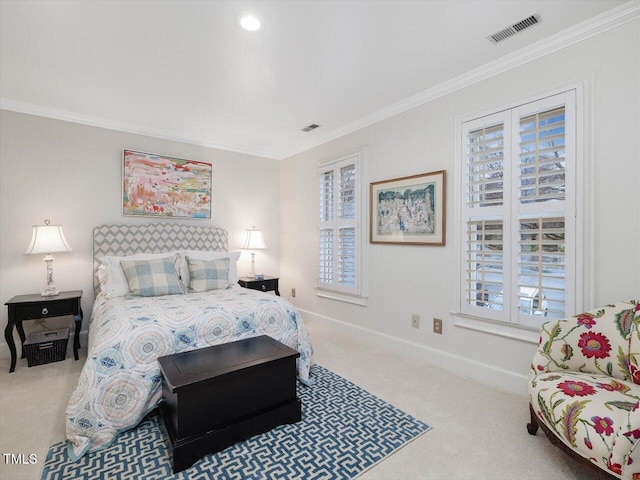 bedroom featuring crown molding and carpet flooring