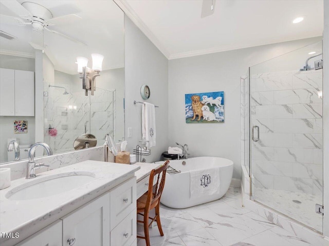 bathroom featuring independent shower and bath, ornamental molding, vanity, and ceiling fan