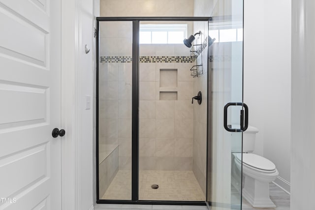 bathroom with toilet and a stall shower