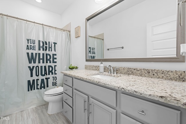 full bathroom featuring curtained shower, vanity, and toilet