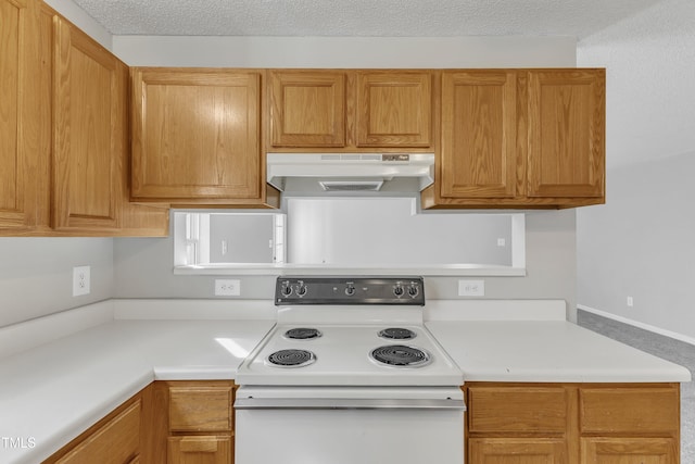 kitchen featuring white electric stove and a textured ceiling